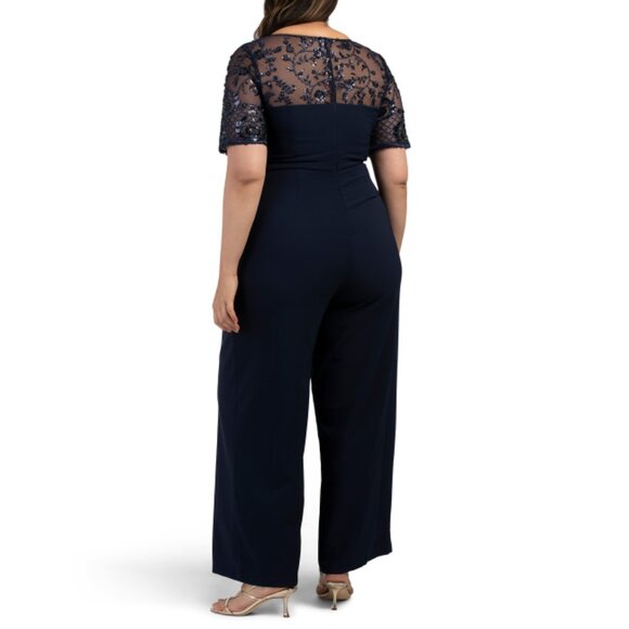 JS COLLECTIONS Navy Elbow Sleeve Embroidered Top Jumpsuit - Picture 2 of 2
